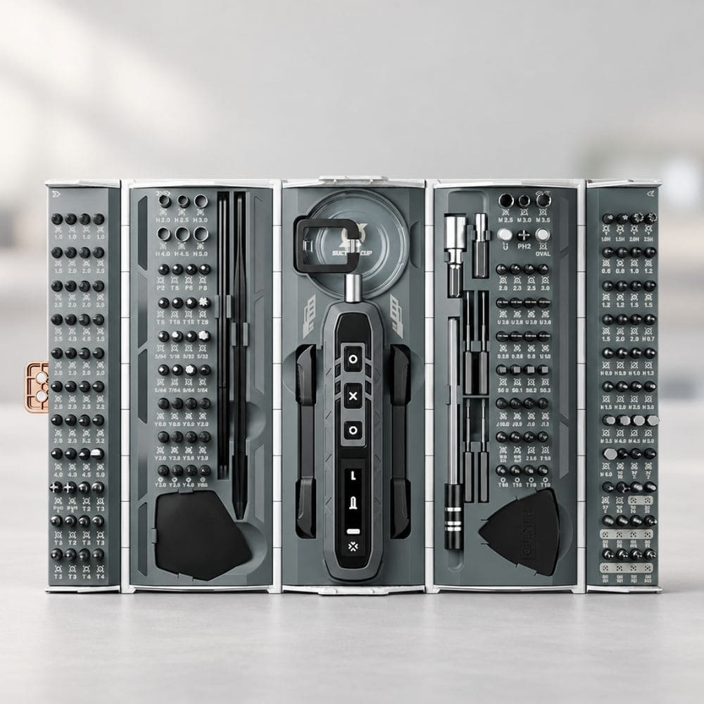 Open four-panel precision screwdriver kit displaying electric screwdriver handle, 144 CR-V bits, sockets, tweezers, and prying tools.