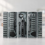 Open four-panel precision screwdriver kit displaying electric screwdriver handle, 144 CR-V bits, sockets, tweezers, and prying tools.