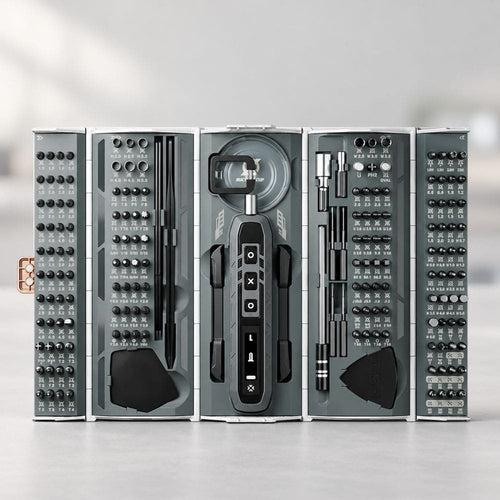Open four-panel precision screwdriver kit displaying electric screwdriver handle, 144 CR-V bits, sockets, tweezers, and prying tools.