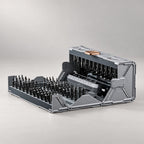 Angle view of the futuristic mechanical folding toolbox opened to reveal rows of precision bits and electric screwdriver dock.