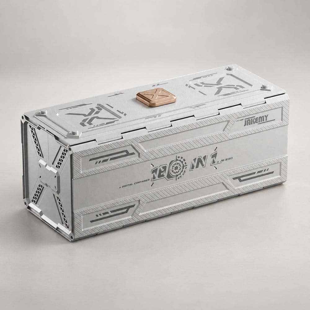 Compact grey portable storage container case with mechanical sci-fi styling and copper latch closed.