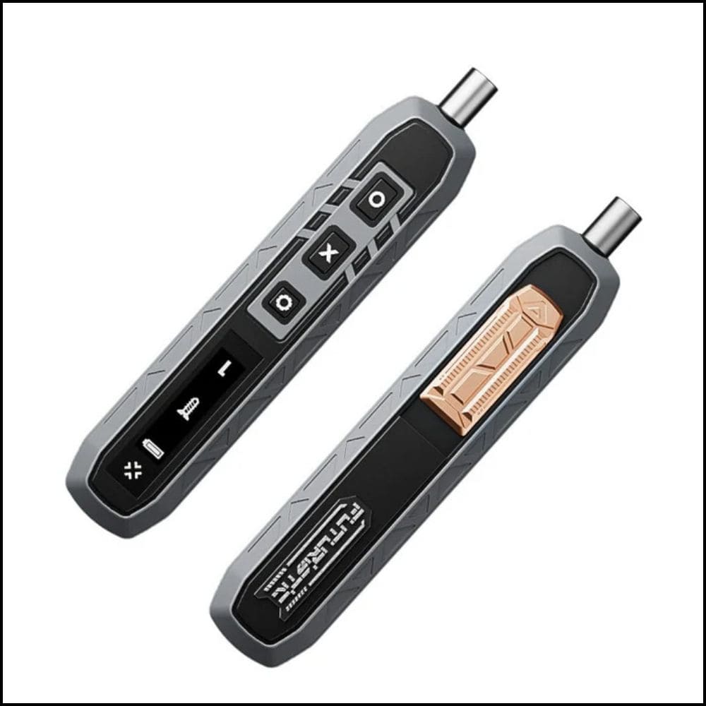 Front and back view of the cordless electric precision screwdriver showing digital screen, control buttons, and copper clip.