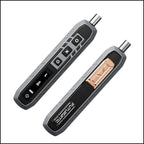 Front and back view of the cordless electric precision screwdriver showing digital screen, control buttons, and copper clip.