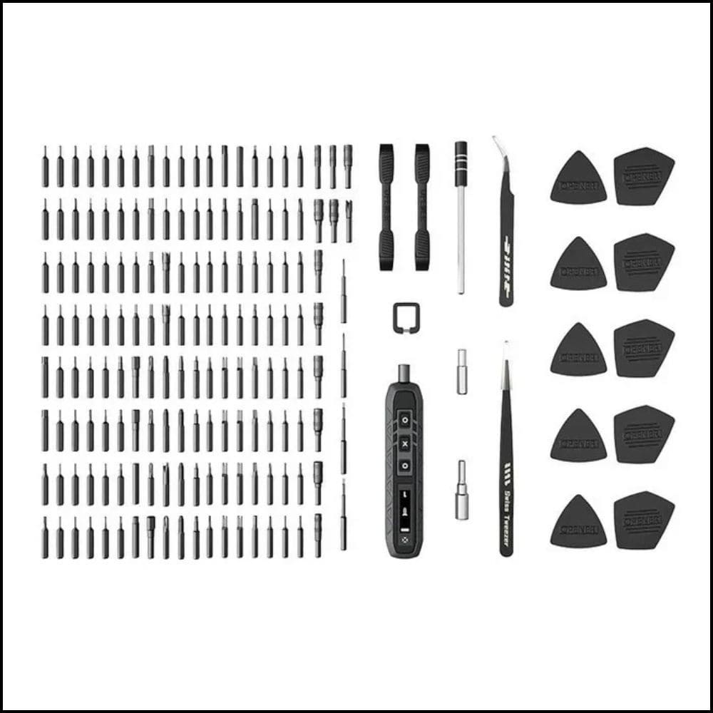 Complete 180-in-1 repair set contents laid out flat including electric screwdriver, precision bits, tweezers, suction cup, and opening picks.