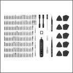 Complete 180-in-1 repair set contents laid out flat including electric screwdriver, precision bits, tweezers, suction cup, and opening picks.