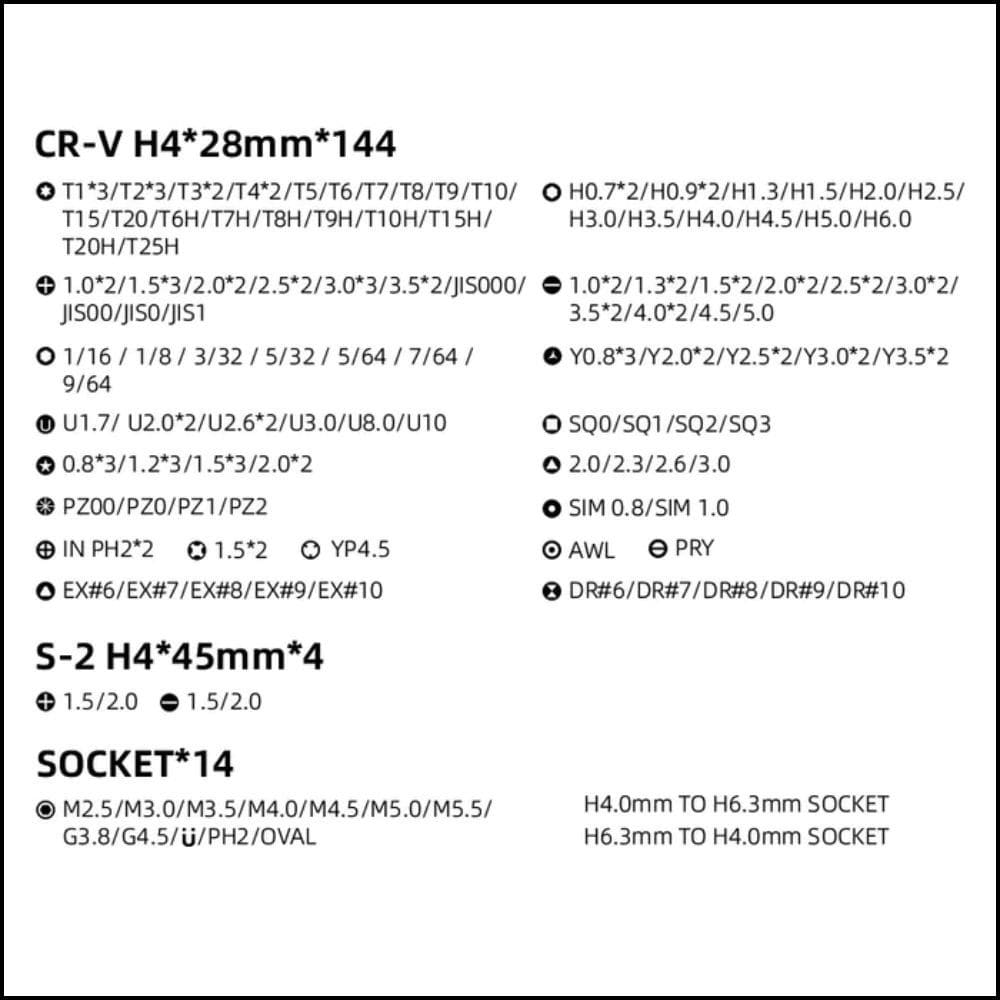 Detailed specification chart listing dimensions and quantities for CR-V bits, S-2 extended bits, sockets, and adapter types.