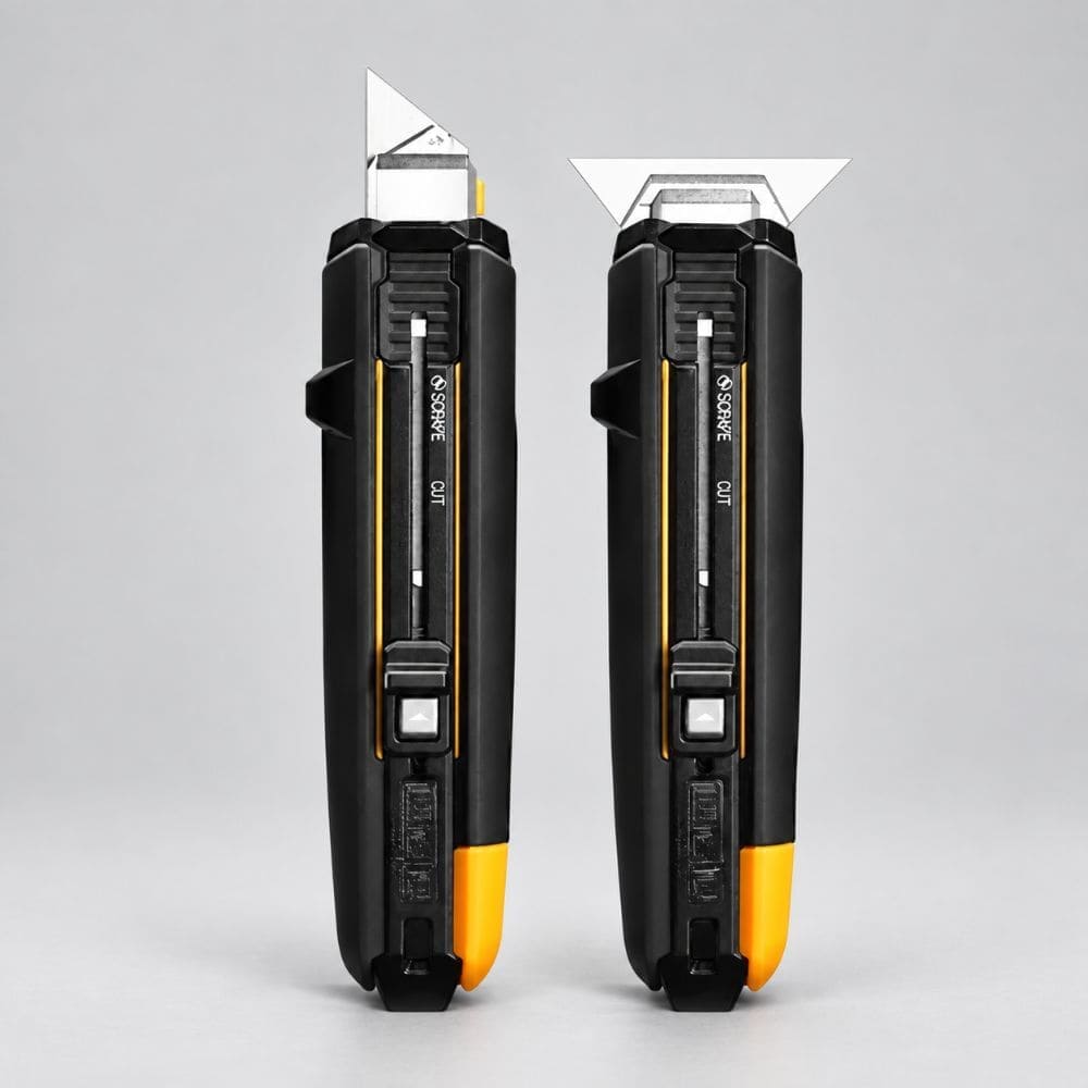 Side-by-side comparison showing the 2-in-1 tool configured in standard utility knife mode and wide flat scraper mode.