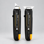 Side-by-side comparison showing the 2-in-1 tool configured in standard utility knife mode and wide flat scraper mode.