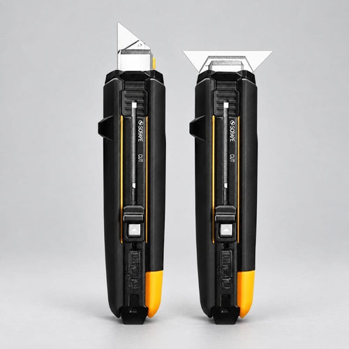 Side-by-side comparison showing the 2-in-1 tool configured in standard utility knife mode and wide flat scraper mode.