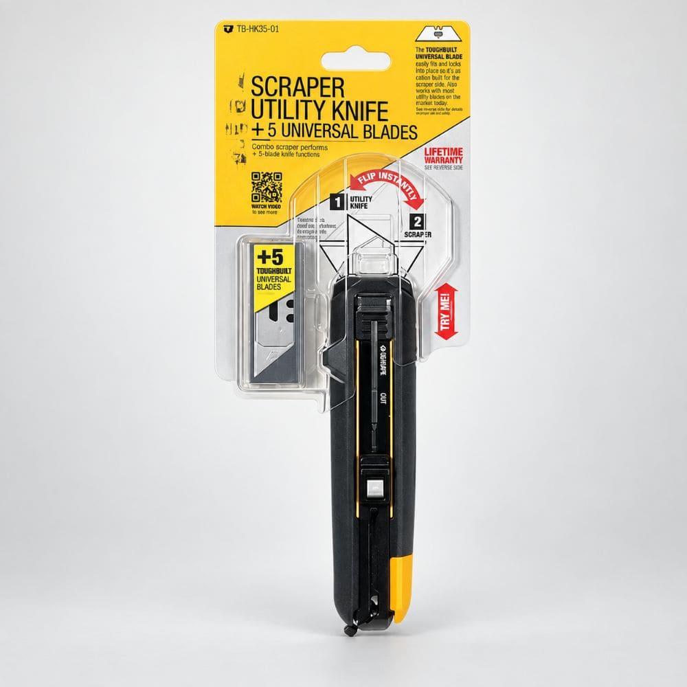 Retail hanging blister packaging for the 2-in-1 scraper utility knife bundled with 5 universal replacement blades.