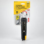 Retail hanging blister packaging for the 2-in-1 scraper utility knife bundled with 5 universal replacement blades.