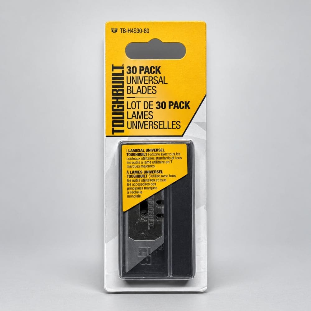 Blister package with a 30-pack dispenser of universal replacement utility knife blades.