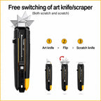 Diagram illustrating the three-step mechanism to flip between standard art knife mode and wide scraper mode.