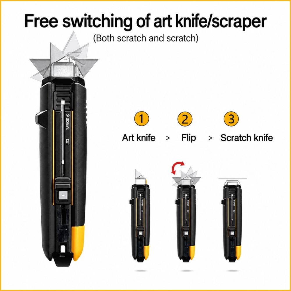 Diagram illustrating the three-step mechanism to flip between standard art knife mode and wide scraper mode.