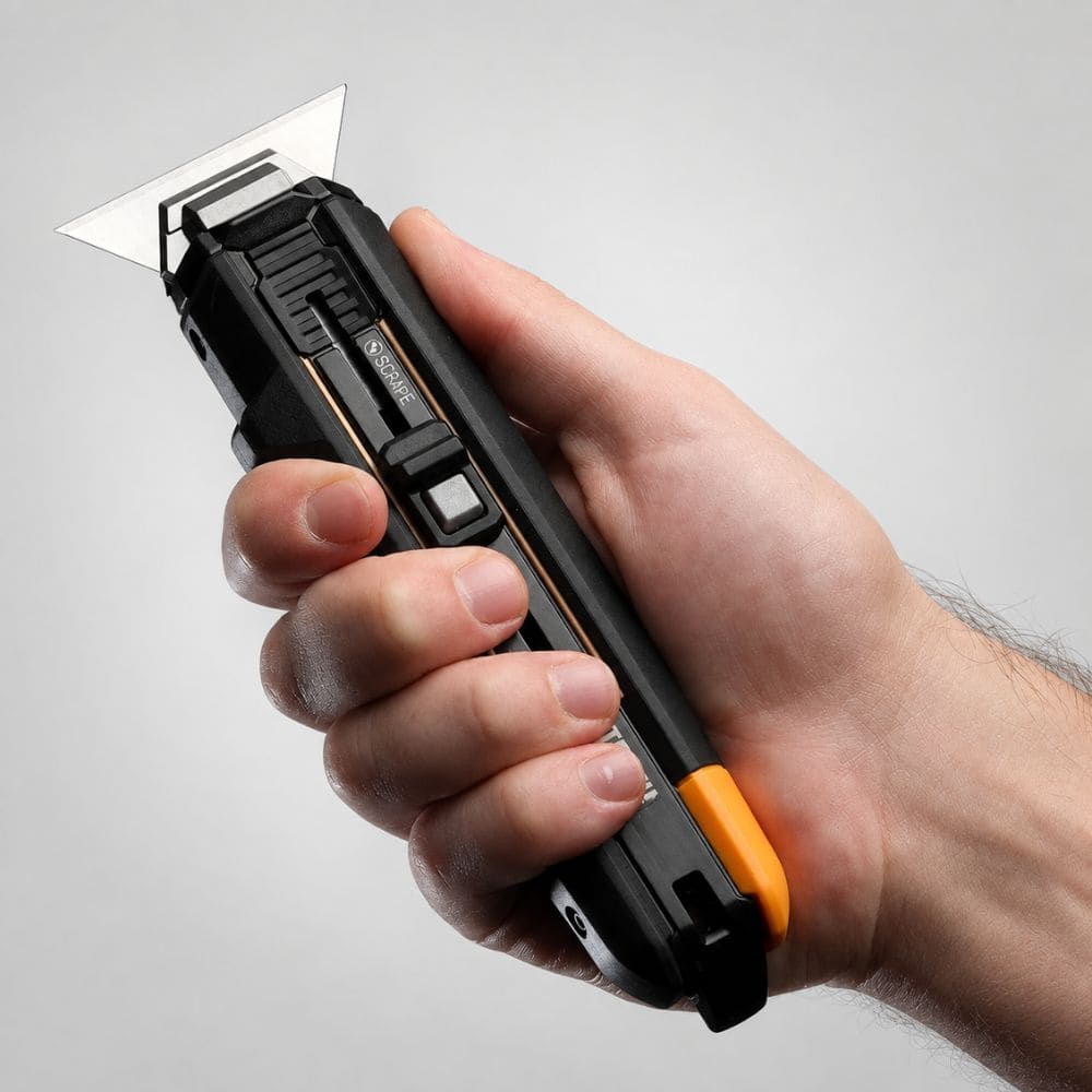 Hand holding the retractable utility knife positioned in scraper mode with the wide horizontal blade exposed.