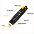 Feature overview diagram labeling the blade, sliding button, non-slip handle, bottle opener, and drawstring hole.
