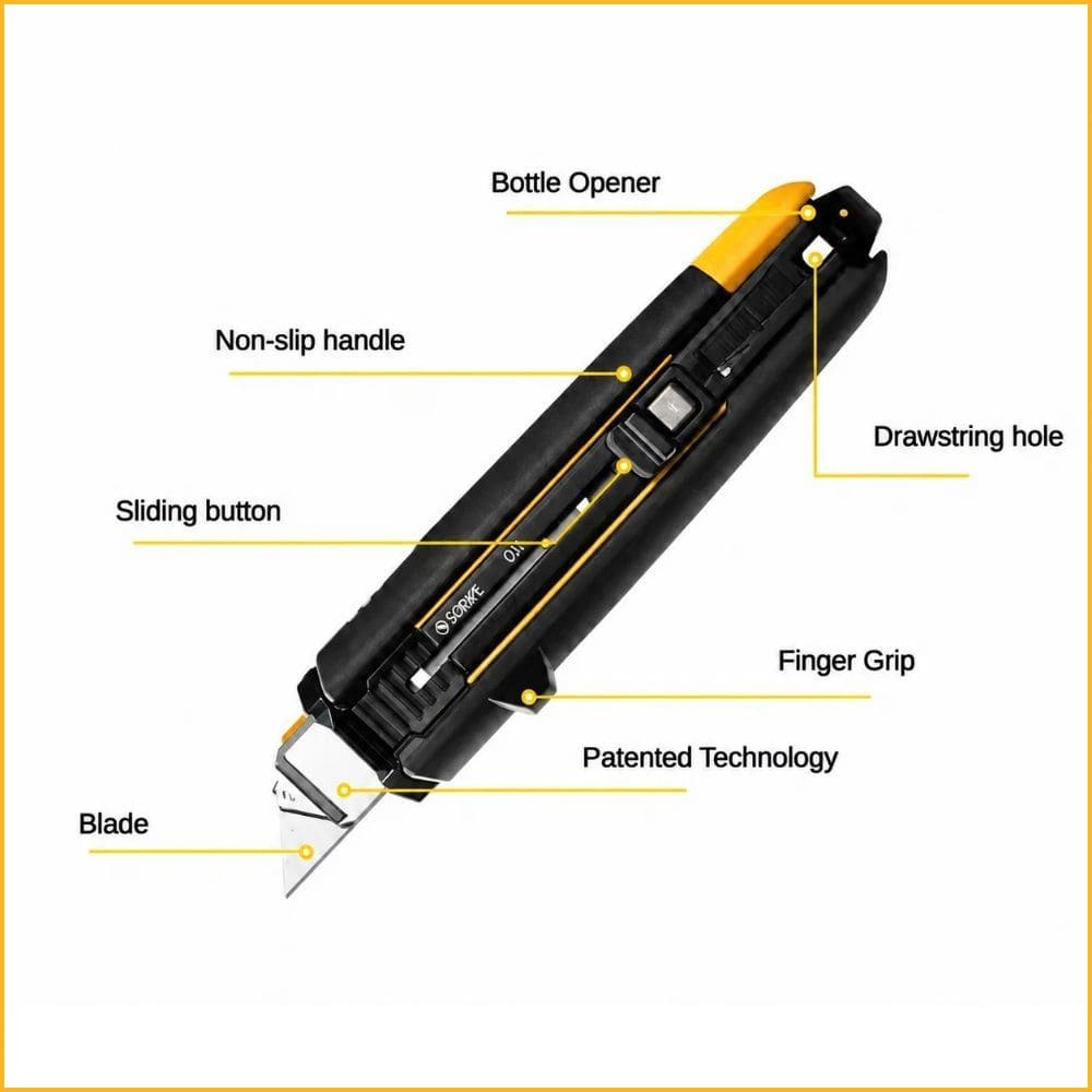 Feature overview diagram labeling the blade, sliding button, non-slip handle, bottle opener, and drawstring hole.