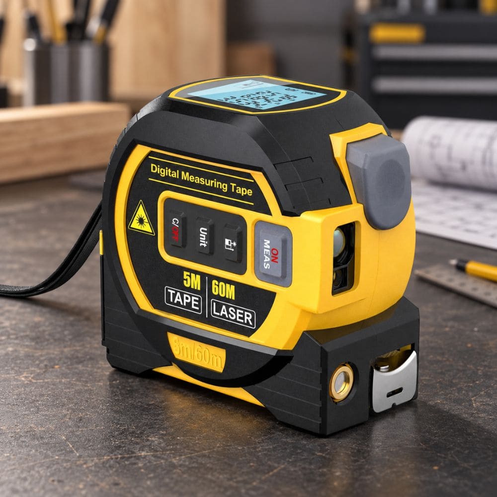 Yellow and black 3-in-1 digital tape measure and 60m laser distance meter resting on a wooden workshop surface.
