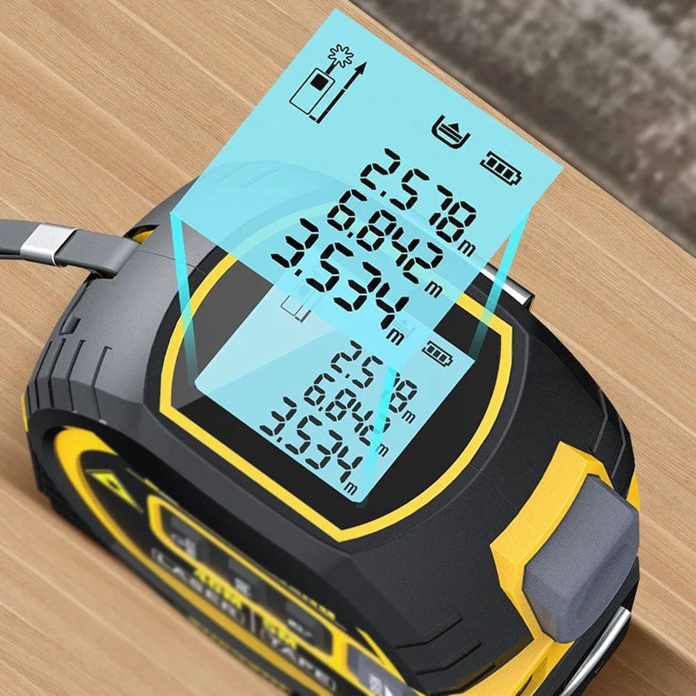 Close-up of the digital LCD backlight display showing multiple stored distance measurements and battery level indicator.
