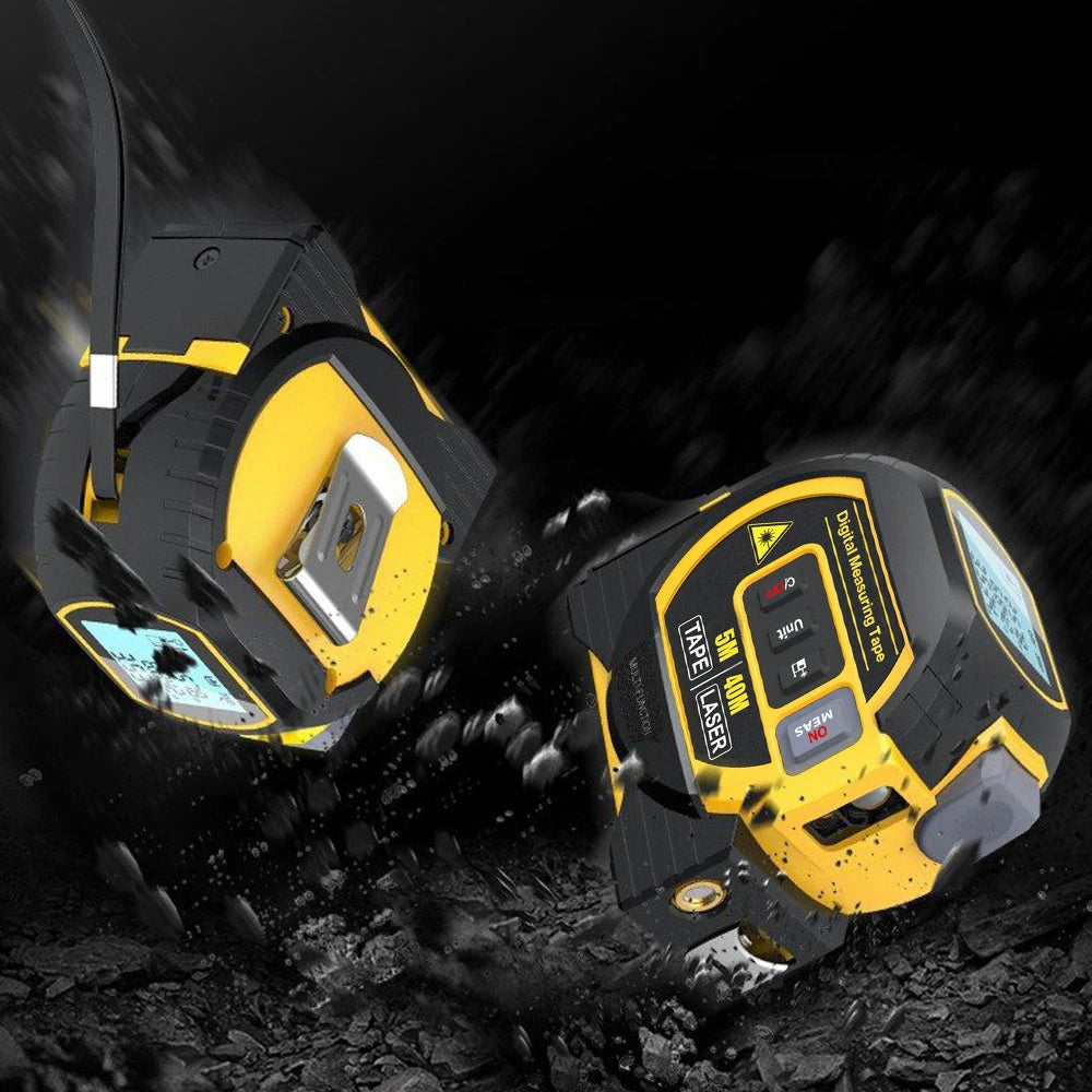 Rugged, impact-resistant housing of the digital tape measure demonstrated amidst debris and construction dust.