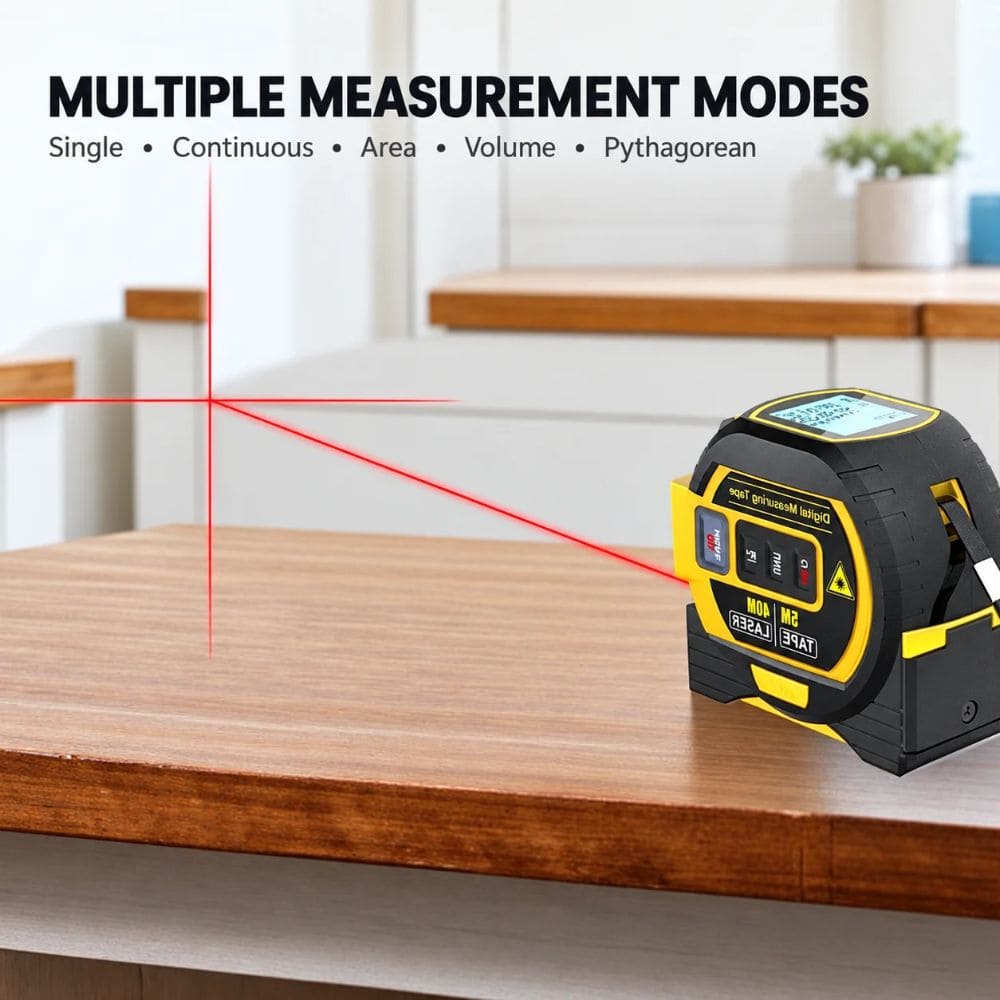 Digital laser tape measure projecting a red cross-line laser marker onto an interior wall for alignment and layout tasks.