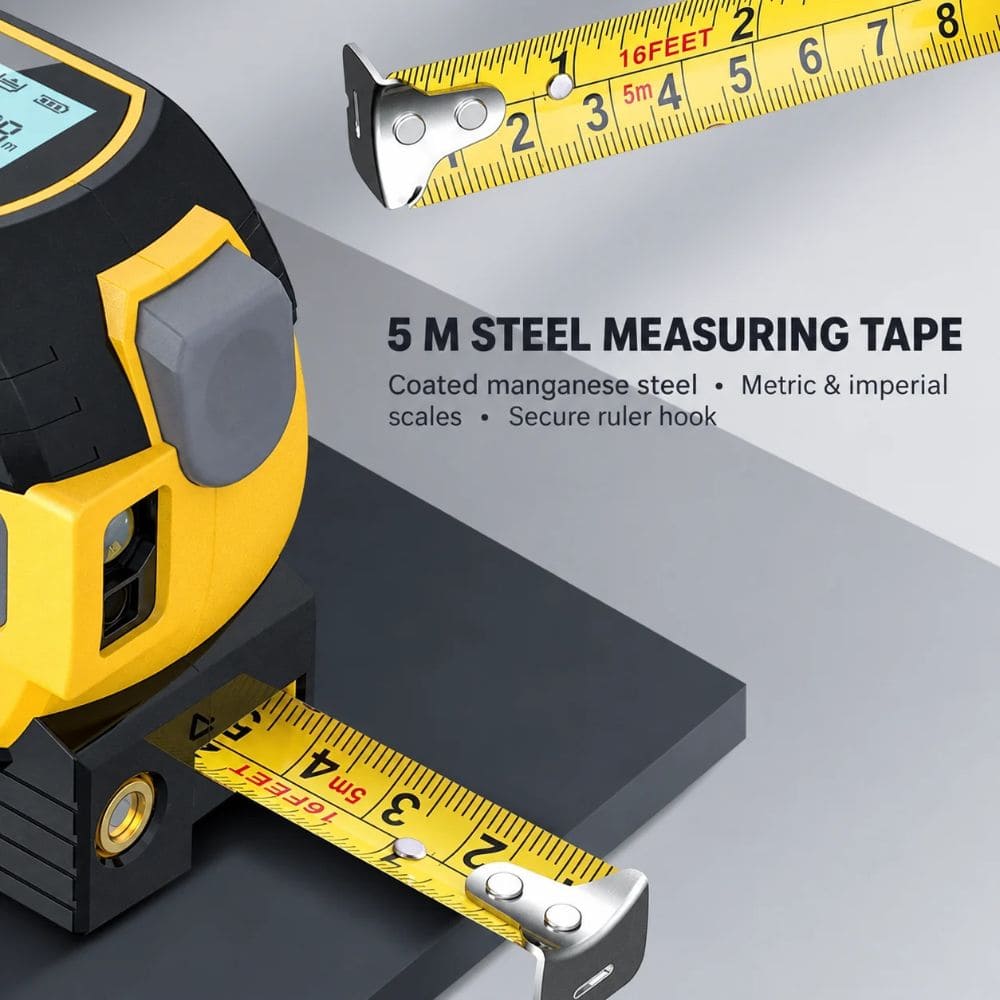 Extended 5-meter manganese steel measuring tape with dual metric and imperial scales and secure metal hook.