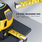 Extended 5-meter manganese steel measuring tape with dual metric and imperial scales and secure metal hook.
