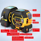 Labeled diagram showing features of the 3-in-1 tool including LCD display, laser emitters, retract button, and control keys.