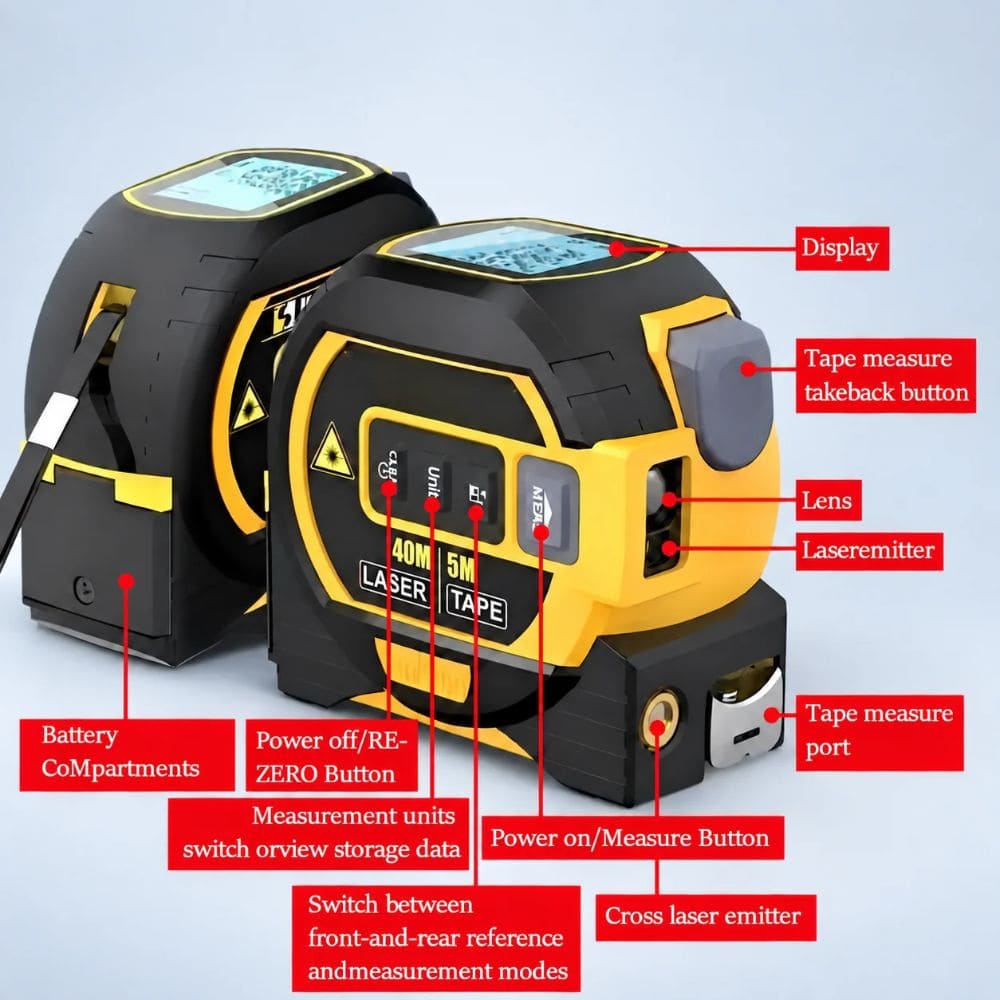 Labeled diagram showing features of the 3-in-1 tool including LCD display, laser emitters, retract button, and control keys.