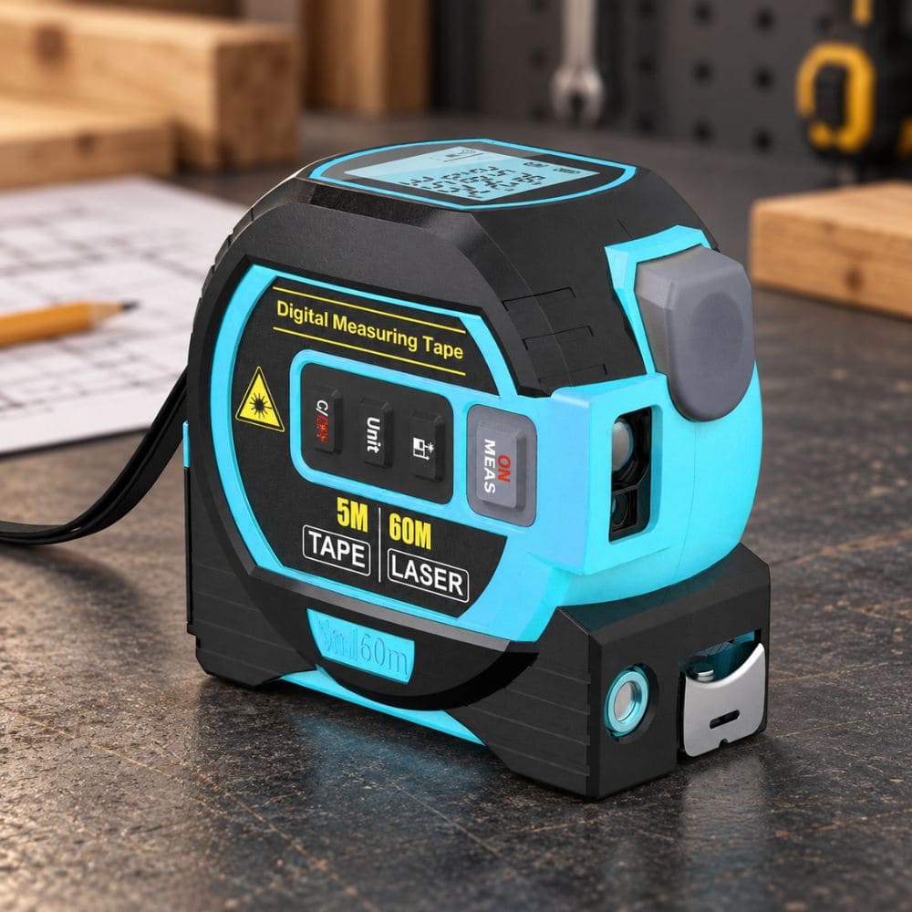 Cyan blue and black 3-in-1 digital laser tape measure with 60m rangefinder placed on a workbench.