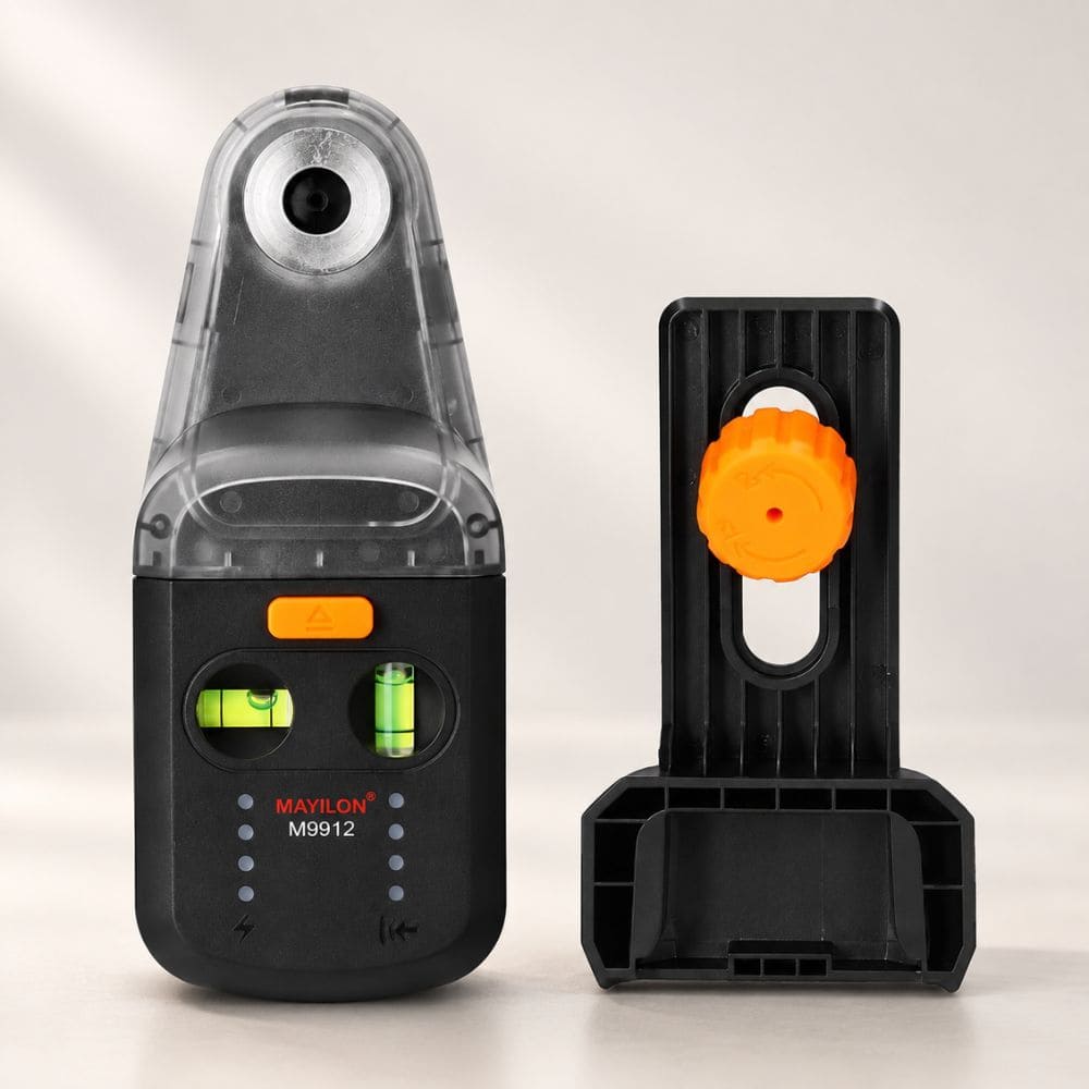 Electronic drill dust collector with built-in bubble levels and suction base alongside its adjustable mounting bracket.