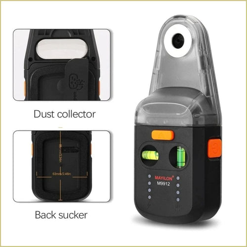Back and front view detailing the wall vacuum suction pad, transparent dust collector compartment, and alignment spirit levels.