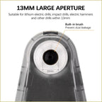 Close-up of the 13mm large drill aperture with internal bristles designed to prevent dust leakage during drilling.