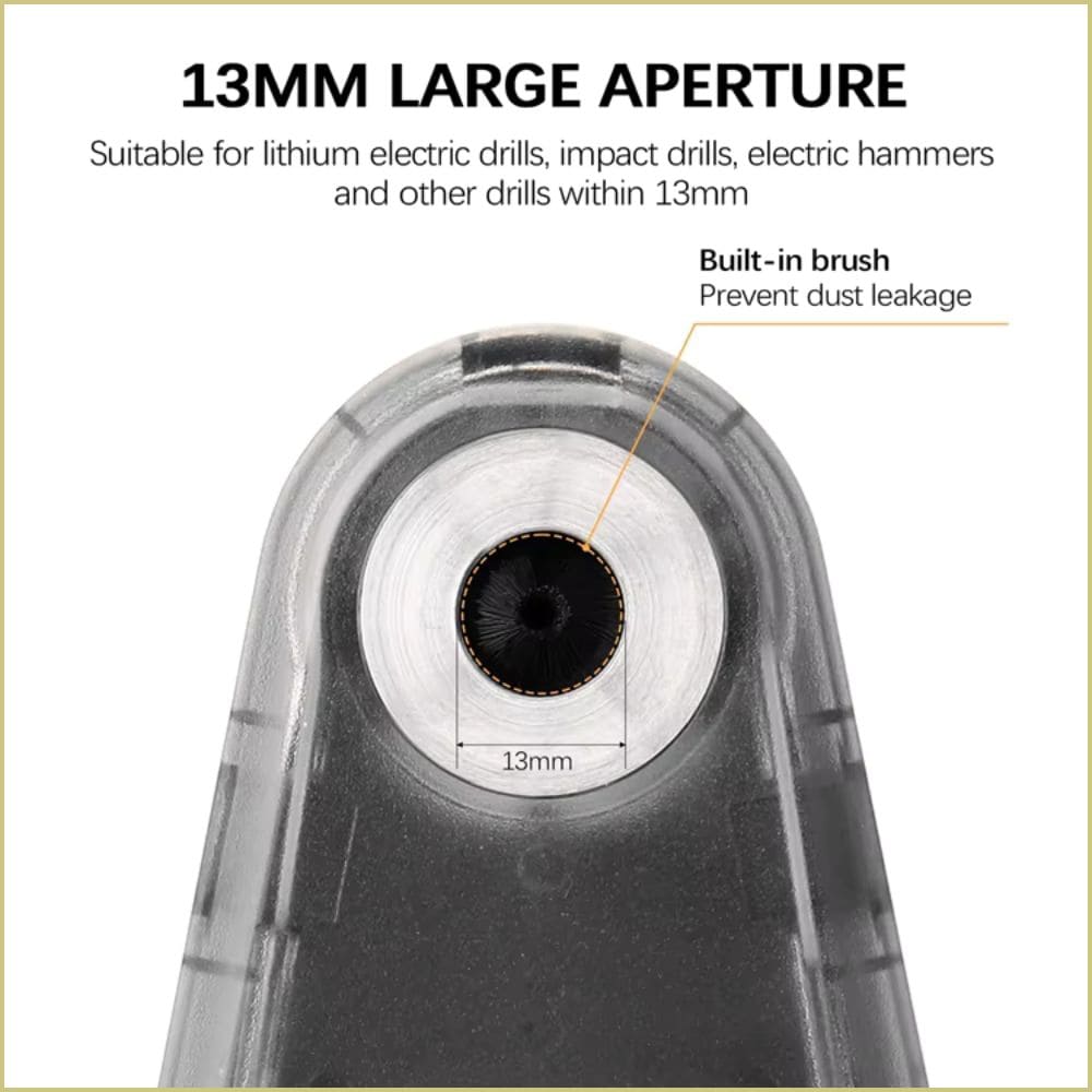Close-up of the 13mm large drill aperture with internal bristles designed to prevent dust leakage during drilling.