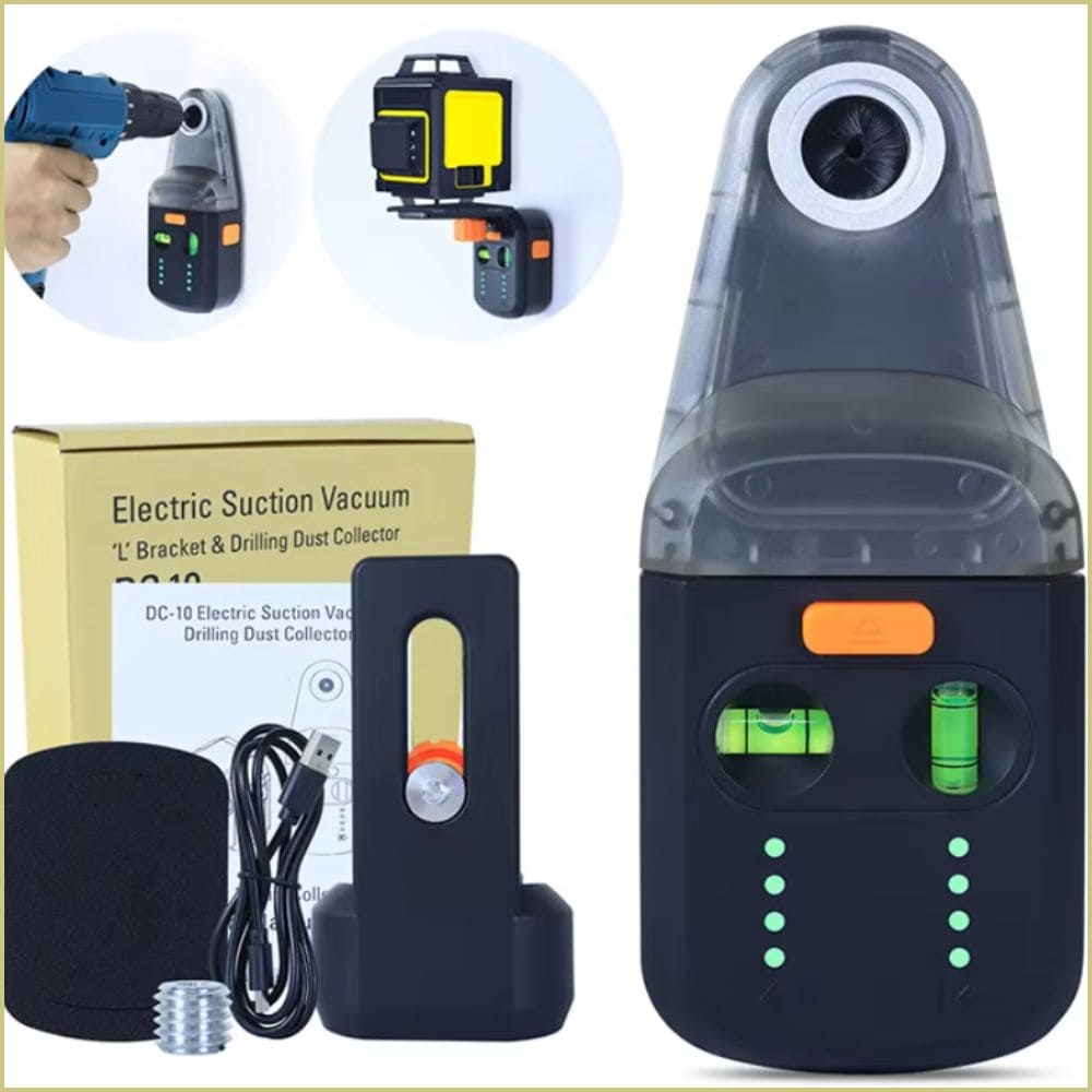 Complete electric suction vacuum kit with packaging box, L-bracket, USB charging cable, adapter screw, and dust collector unit.