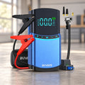 Blue 4-in-1 car jump starter and air compressor standing with smart jumper clamps, air hose, nozzle adapters, and storage case.