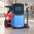 Blue 4-in-1 car jump starter and air compressor standing with smart jumper clamps, air hose, nozzle adapters, and storage case.