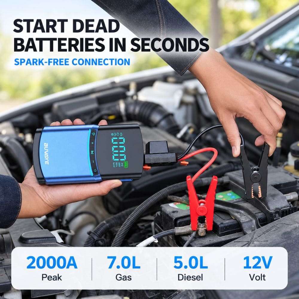 Person using the 2000A car jump starter with spark-free smart clamps connected to a 12V vehicle battery under the hood.