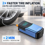 Portable 150 PSI air compressor connected to a car tire showing rapid inflation with digital pressure display.
