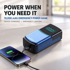 10000mAh emergency power bank jump starter placed on a surface while charging a smartphone via USB cable.