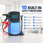 Portable car battery jump starter detailing 10 built-in safety protections and temperature resistance from -4°F to 140°F.