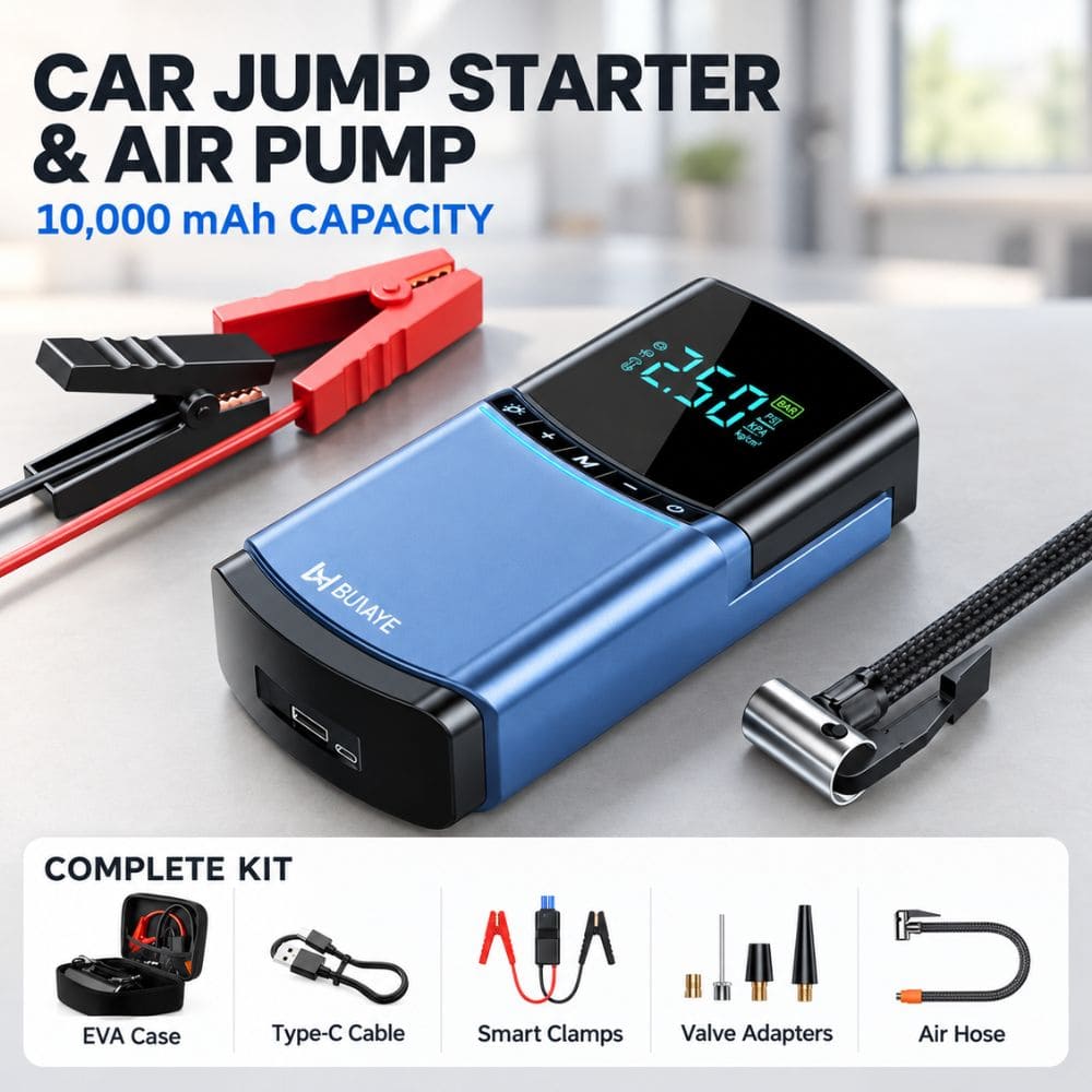 10000mAh portable jump starter and air pump kit displaying included accessories: EVA case, Type-C cable, smart clamps, valve adapters, and air hose.