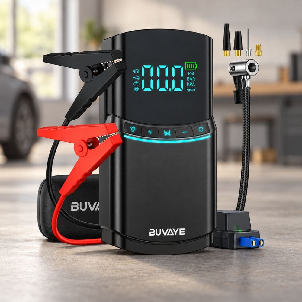 Black car battery booster and digital air pump kit shown with battery clamps, air hose, and nozzle adapters.