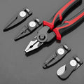 5-in-1 multipurpose pliers handle with four interchangeable jaw heads laid out on a dark surface.