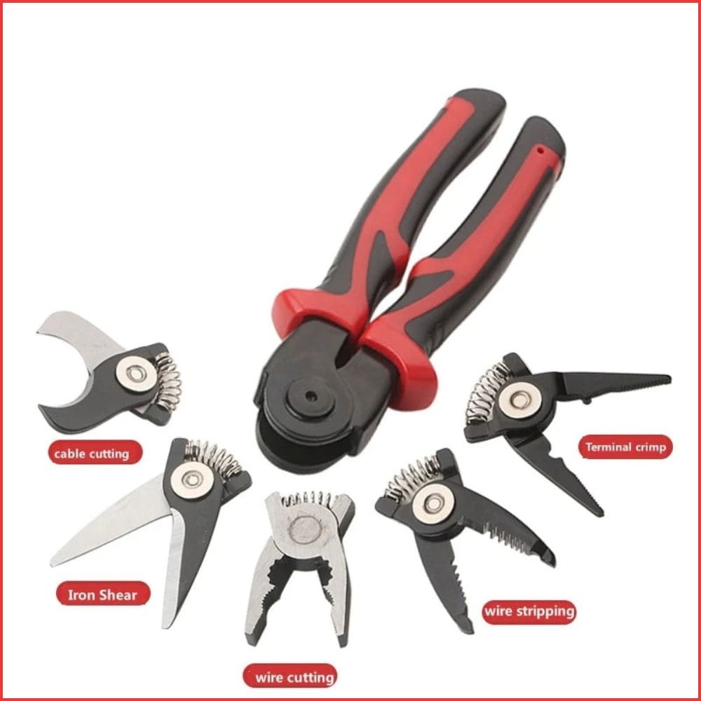 Overview of the interchangeable plier head attachments labeled for cable cutting, iron shearing, wire cutting, wire stripping, and terminal crimping.