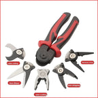 Overview of the interchangeable plier head attachments labeled for cable cutting, iron shearing, wire cutting, wire stripping, and terminal crimping.