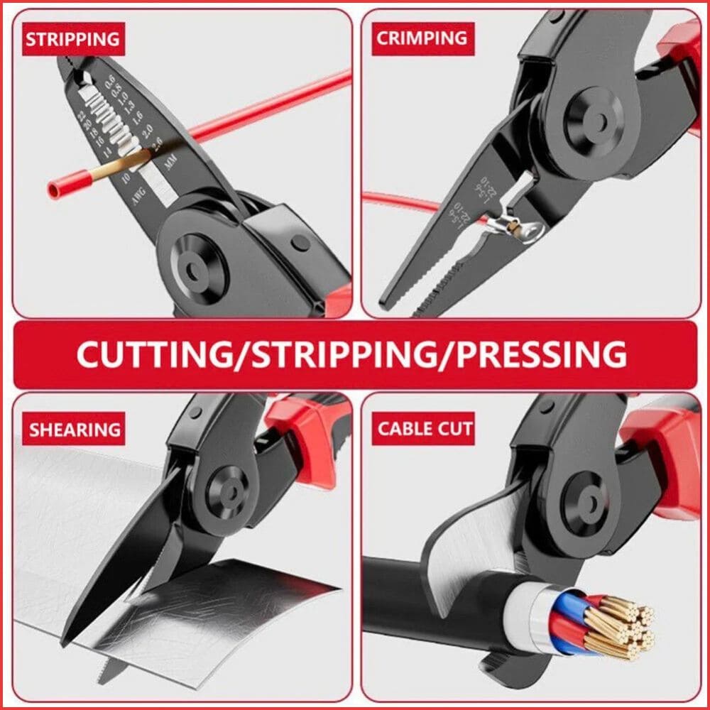 Four-panel collage demonstrating stripping wire insulation, crimping terminals, cutting sheet metal, and slicing thick copper electrical cables.