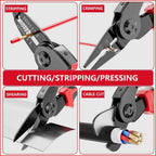 Four-panel collage demonstrating stripping wire insulation, crimping terminals, cutting sheet metal, and slicing thick copper electrical cables.