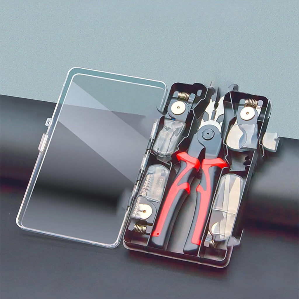 5-in-1 interchangeable pliers set organized inside an open clear plastic storage organizer case.