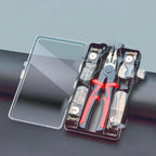 5-in-1 interchangeable pliers set organized inside an open clear plastic storage organizer case.